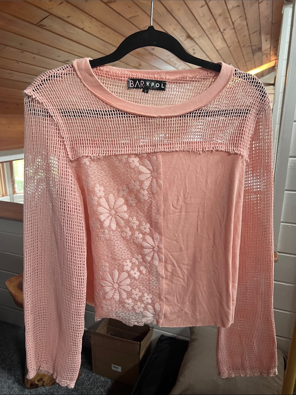 POL and BAR collab Women's Peach Crochet & Knit Floral Panel Long-Sleeve Top